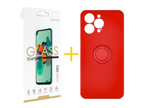 Juego 1 X Película de Vidrio Templado 2.5D + Funda skyhe por Apple iPhone 14 Pro Gel O-Ring Rojo