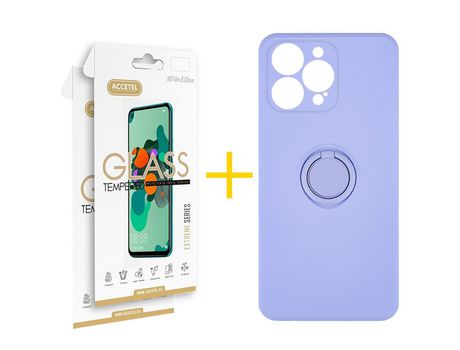 Pack 2 X Película de Vidrio Templado 2.5D + Funda Accetel para iPhone 14 Pro Gel O-Ring Morado