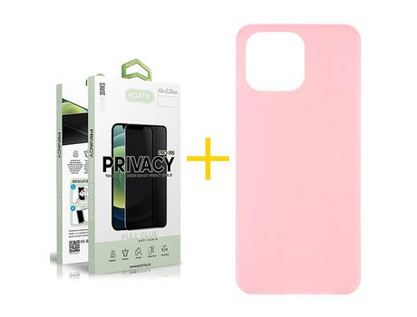 Juego 1 X Película de Vidrio Templado Antiespia + Funda Accetel por Apple iPhone 14 Pro Silicona Liso Rosa