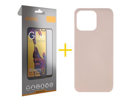 Juego 1 X Película de Vidrio Templado Full + Funda Accetel por Apple iPhone 14 Pro Silicona Líquida Rosa