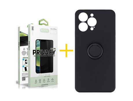 Juego 1 X Película de Vidrio Templado Antiespia + Funda Accetel por Apple iPhone 14 Pro Max Gel O-Ring Negro