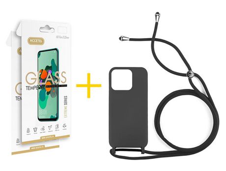 Juego 2 X Película de Vidrio Templado 2.5D + Funda Accetel por Apple iPhone 14 Pro Gel con Cordón Negro