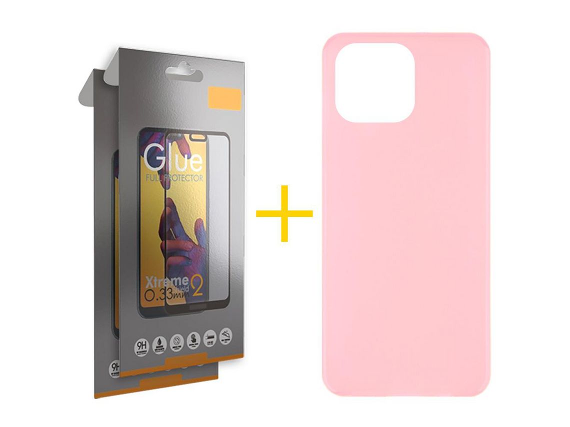 Juego 2 X Película de Vidrio Templado Full + Funda skyhe por Apple iPhone 14 Pro Max Silicona Liso Rosa