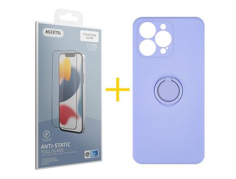 Pack 1 X Película de Vidrio Templado Antiestático + Funda Accetel para iPhone 14 Pro Gel O-Ring Morado