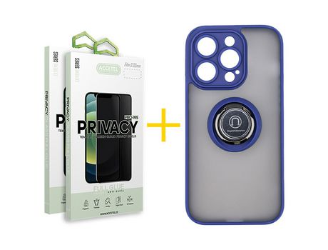 Juego 2 X Película de Vidrio Templado Antiespia + Funda Accetel por Apple iPhone 14 Pro Gel Bumper con Anillo Azul