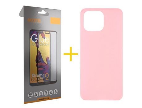 Juego 1 X Película de Vidrio Templado Full + Funda Accetel por Apple iPhone 14 Pro Silicona Liso Rosa