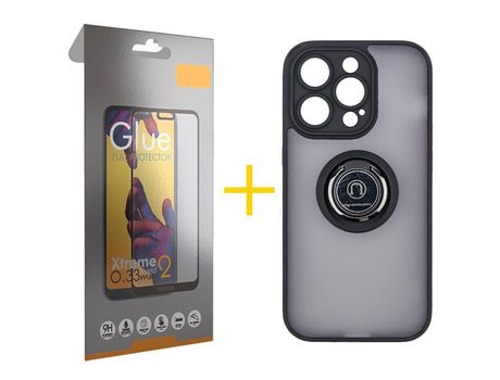 Juego 1 X Película de Vidrio Templado Full + Funda skyhe por Apple iPhone 14 Pro Max Gel Bumper con Anillo Negro