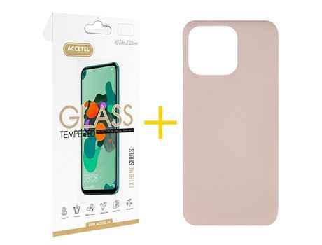 Juego 1 X Película de Vidrio Templado 2.5D + Funda Accetel por Apple iPhone 14 Pro Silicona Líquida Rosa