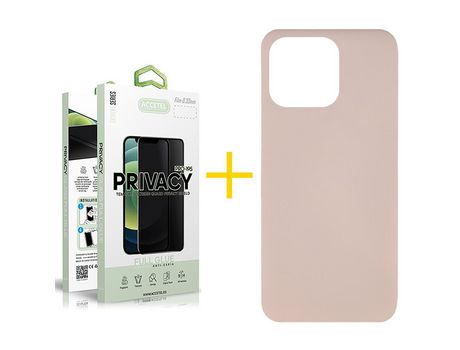 Juego 1 X Película de Vidrio Templado Antiespia + Funda Accetel por Apple iPhone 14 Pro Silicona Líquida Rosa