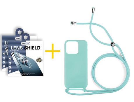 Juego 2 X Película de Cámara trasera + Funda Accetel por Apple iPhone 14 Pro Max Gel con Cordón Agua Verde