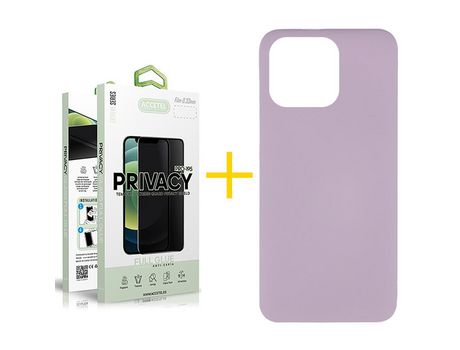 Pack 1 X Película de Vidrio Templado Antiespia + Funda Accetel para iPhone 14 Pro Silicona Líquida Morado
