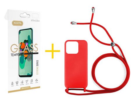 Juego 1 X Película de Vidrio Templado 2.5D + Funda Accetel por Apple iPhone 14 Pro Gel con Cordón Rojo