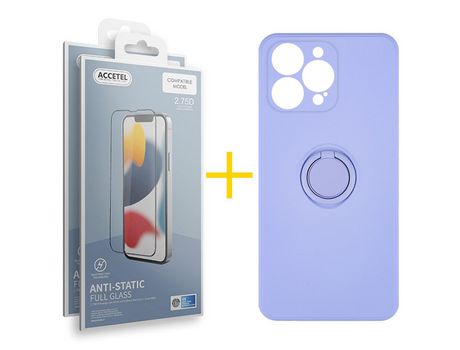 Pack 2 X Película de Vidrio Templado Antiestático + Funda Accetel para iPhone 14 Pro Gel O-Ring Morado