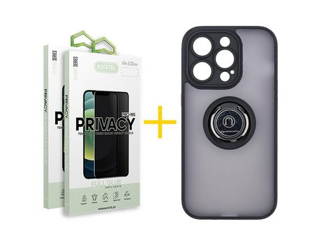 Juego 2 X Película de Vidrio Templado Antiespia + Funda Accetel por Apple iPhone 14 Pro Max Gel Bumper con Anillo Negro