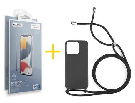 Juego 2 X Película de Vidrio Templado Antiestático + Funda Accetel por Apple iPhone 14 Pro Gel con Cordón Negro