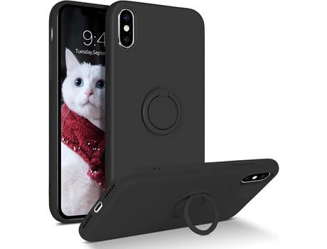 Funda Silicona Líquida con microfibra y anel metal iPhone X Negro