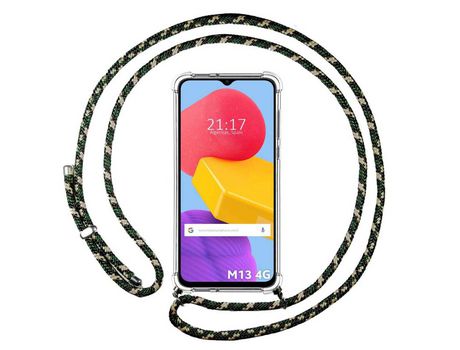 Funda Colgante Transparente para Samsung Galaxy M13 4G con Cordon Verde/Dorado