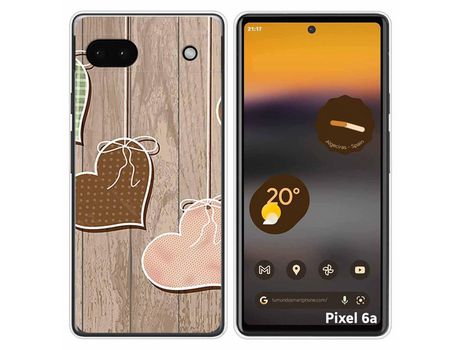 Funda Silicona para Google Pixel 6A diseño Corazones Madera Dibujos