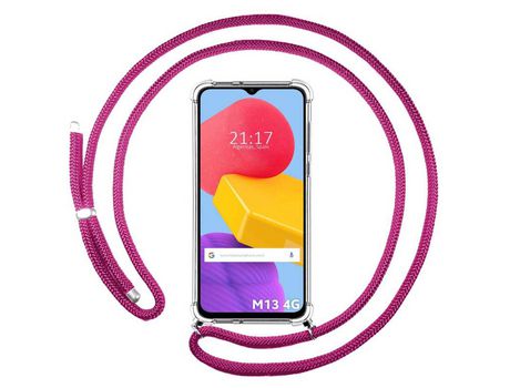 Funda Colgante Transparente para Samsung Galaxy M13 4G con Cordon Rosa Fucsia