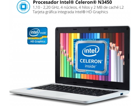Portátil MEDION Educacion E11201 Blanco (11.6'' - Intel Celeron N3450 - RAM: 4 GB - 64 GB SSD - Intel HD Graphics) — Windows 10
