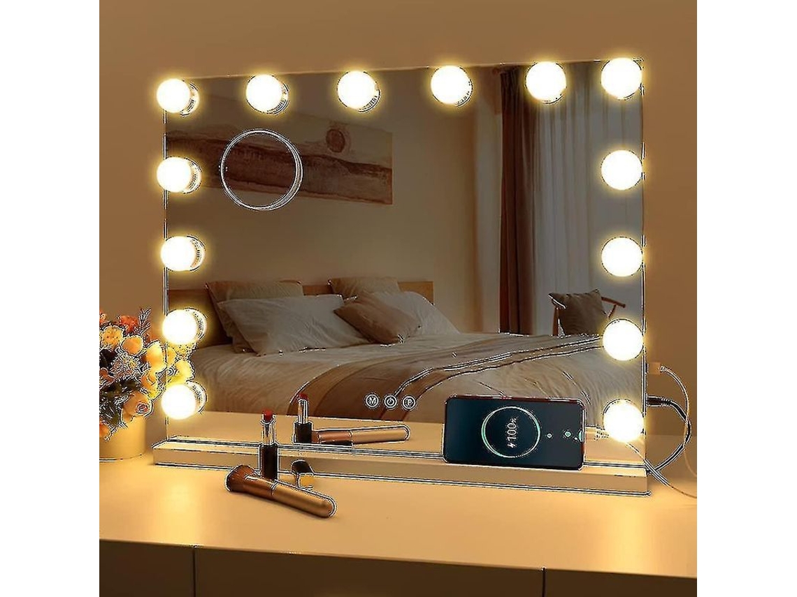 Espejo De Maquillaje Hollywood Con 10 Luces Usb 3 Modos De Iluminación Touch Control Mesa Pared Memoria