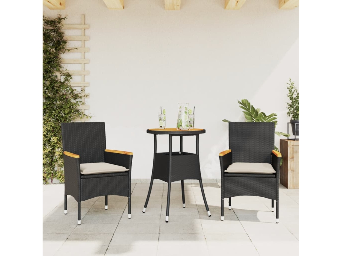 Juego de comedor de jardín de 3 piezas con cojines de mimbre de acacia negra, Dkd Home Decor
