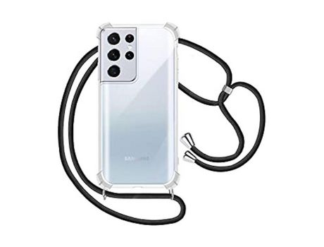 Funda Móvil Colgante con Cuerda para Samsung Galaxy S21 Ultra Silicona Transparente con Cuerda Negra