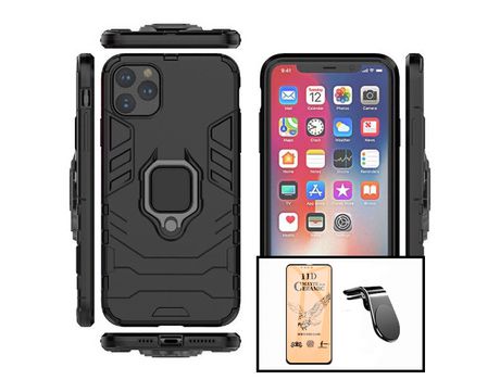 Kit Vidrio Templado Ceramicglass Full Cover + Carcasa 3X1 Military Defender + Soporte Magnético L Safe Driving Auto para iPhone 14 PHONECARE Negro