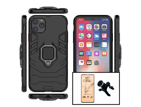 Kit Vidrio Templado Ceramicglass Full Cover + Carcasa 3X1 Military Defender + Soporte Magnético de Auto Reforzado para iPhone 14 PHONECARE Negro