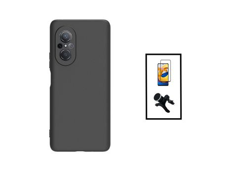5D Cubierta Completa Kit de Vidrio Templado + Cubierta de Silicona Líquida + Soporte Magnético de Automóvil Reforzado para Huawei New 9 Si Black