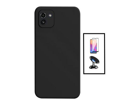Kit Protector de Vidrio Templado 5D Full Cover + Carcasa Silicona Líquido + Soporte Magnético de Auto para Samsung Galaxy A03 4G PHONECARE Negro
