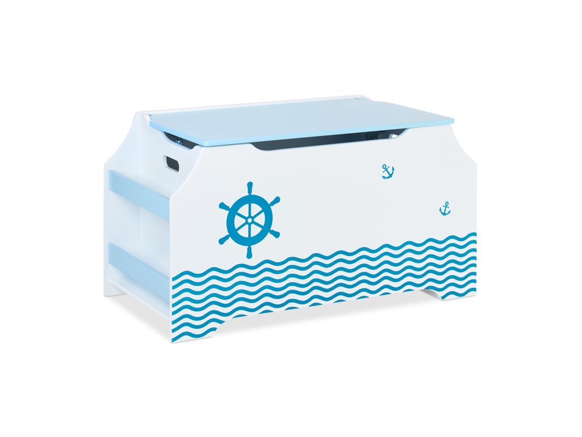 Relaxdays Baúl Juguetes Marinero, Caja Juguetes Tapa , 46 X 84 X 42,5 Cm, Baldas Libros, Arcón Infantil, Blanco Y Azul