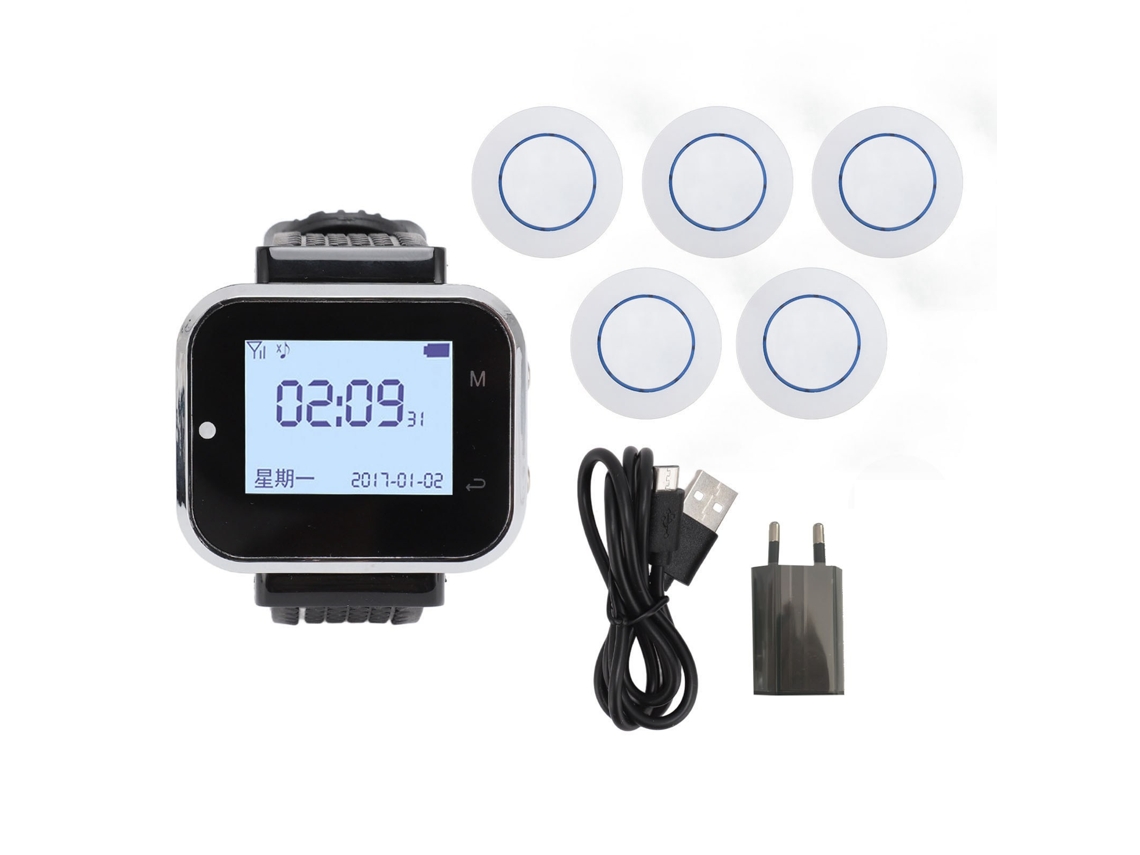 Sistema De Llamada Inalámbrico Con 1 Receptor, Reloj, 5 Pitidos, Botones, Vibración Y Zumbador. Ideal Para Restaurantes. Enchufe Europeo 100-240v.