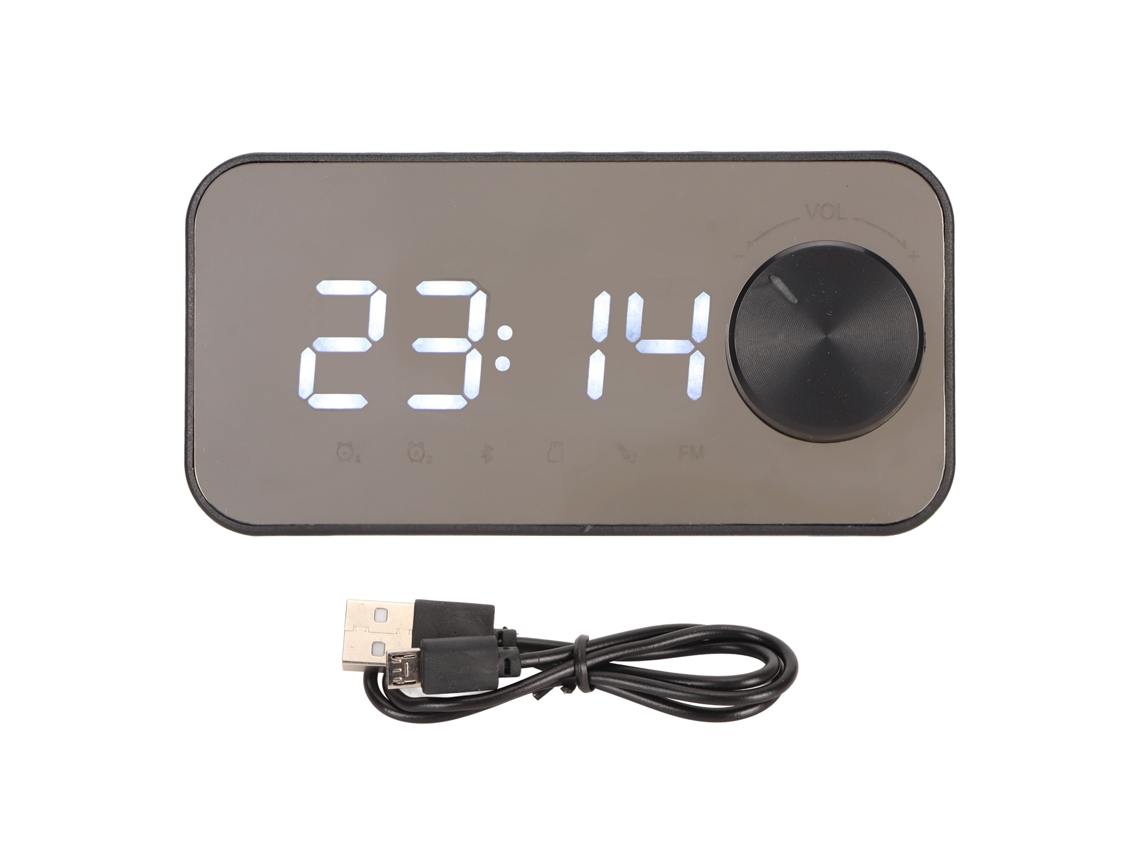 Altavoz Bluetooth Inalámbrico Con Despertador, Indicador De Temperatura, Radio Fm Y Espejo Retrovisor - Negro