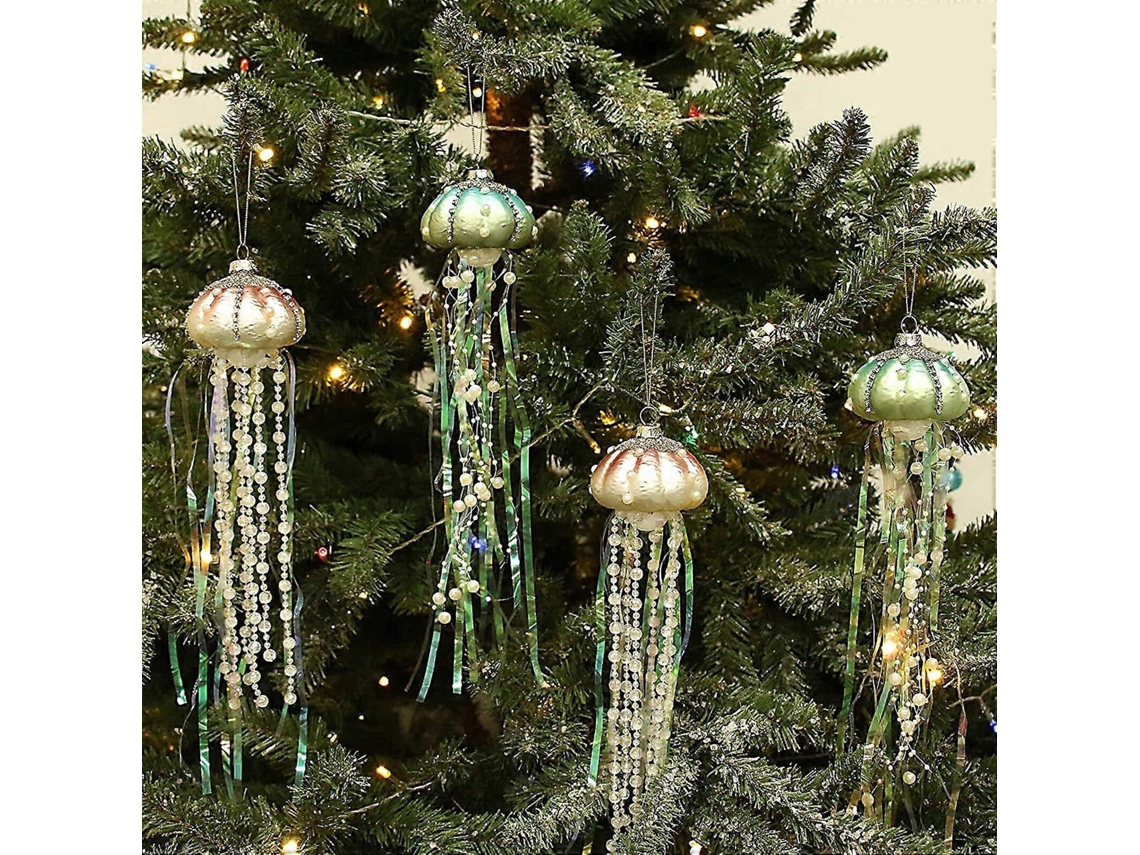Pack de 4 adornos navideños para árbol de Navidad con medusas, joyas y perlas, estilo costero Rosewell