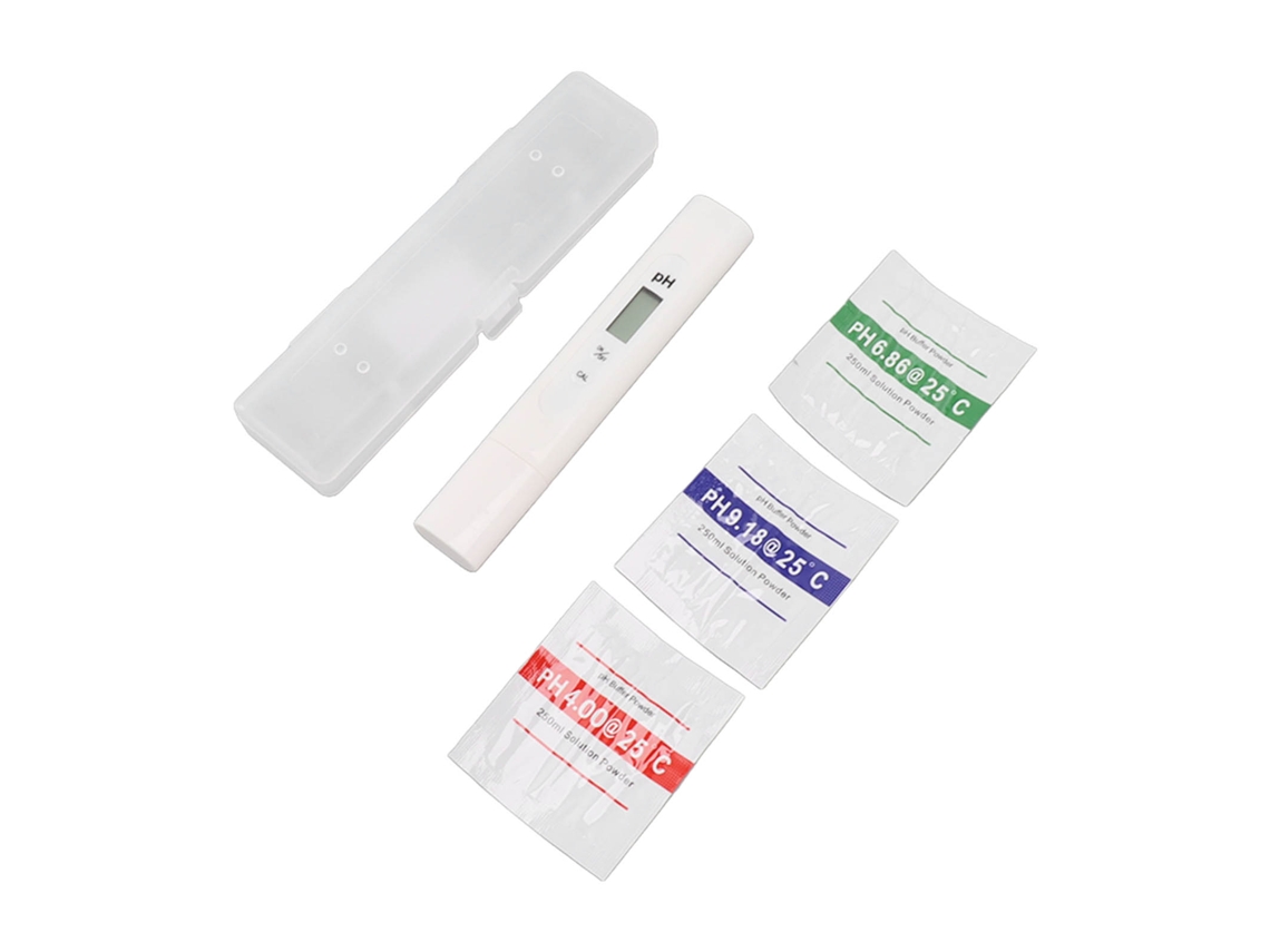 Medidor de pH con pantalla LCD HD, sonda sensible y líquido protector.
