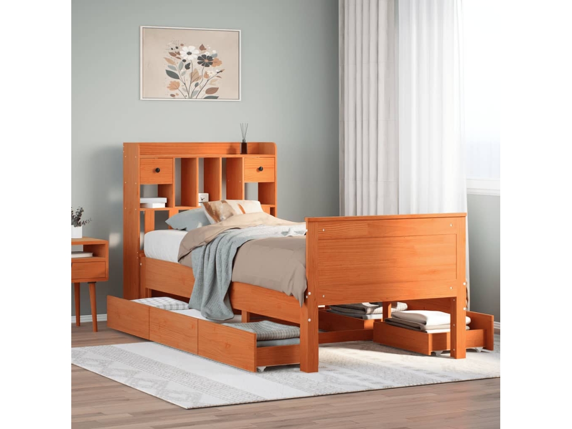 Cama Con Estantería Sin Colchón Madera Maciza Marrón 75x190 Cm