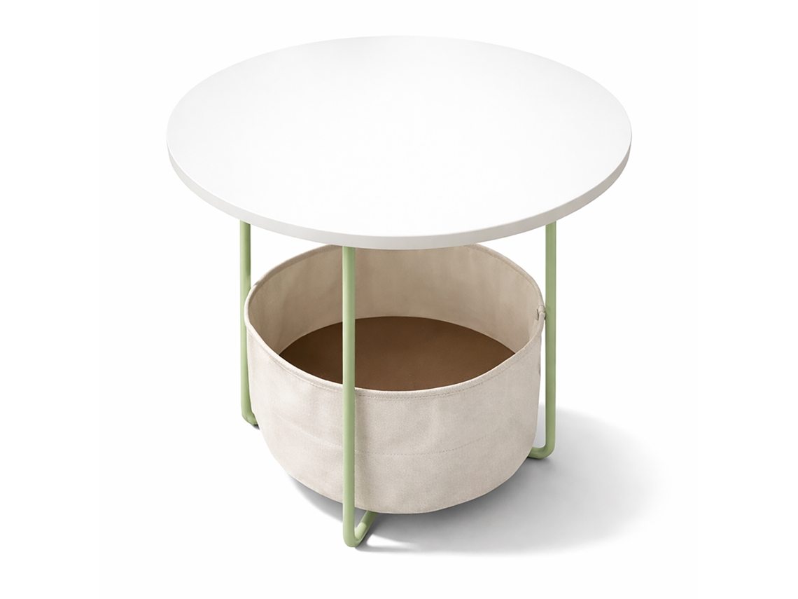 Mesa Auxiliar Relaxdays, Redonda Con Cesta De Tela, H X D 50 X 45 Cm, Para Salón, Mdf, Metal, Salvia-crema
