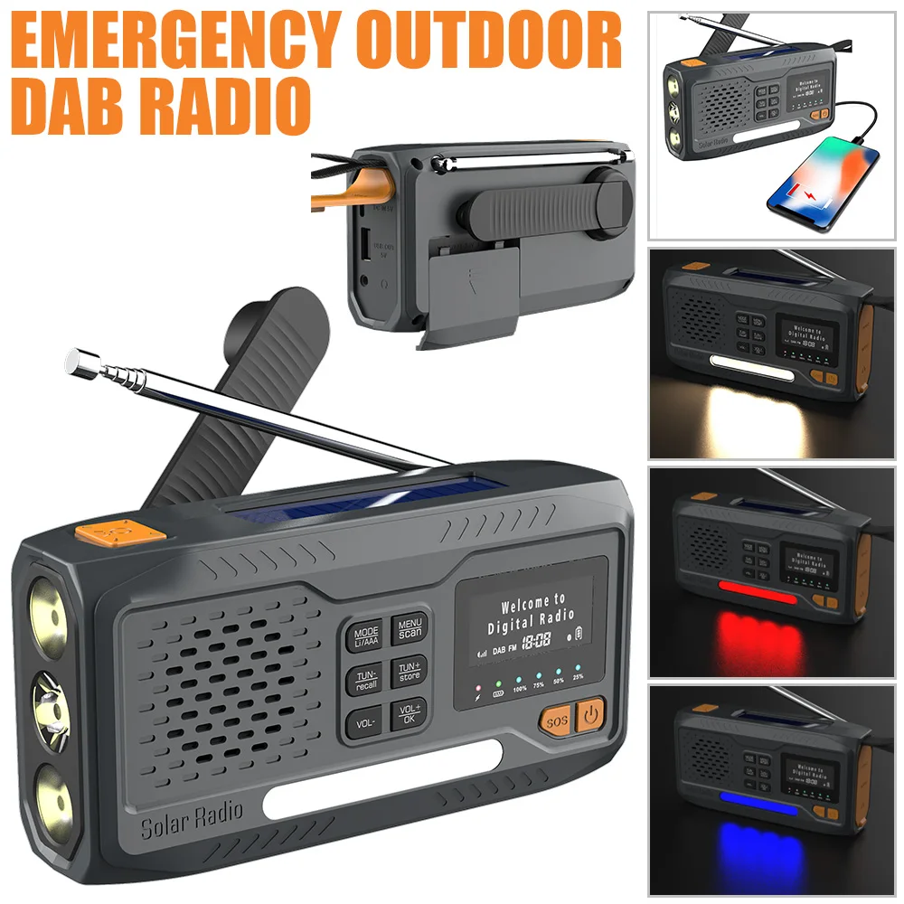 Radio portátil DAB/FM con altavoz Bluetooth, carga solar, manivela y USB, linterna LED, alarma SOS y batería externa para emergencias. Viewleaf