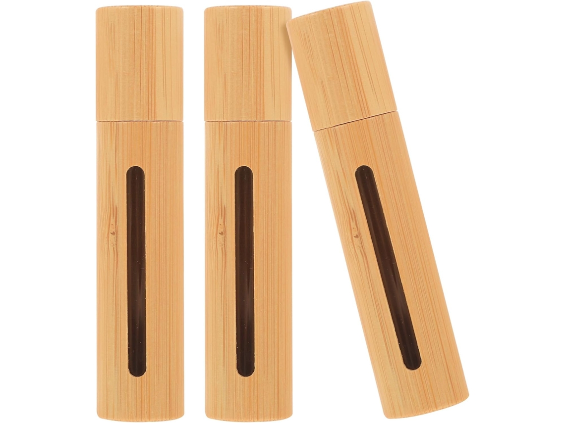 Conjunto Nuobesty com 3 frascos roll-on de 10ml para óleos essenciais de bambu, com esfera de aço inoxidável e vidro.