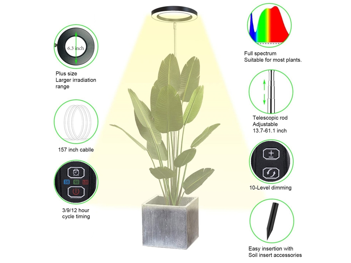 Lámpara De Cultivo Para Plantas, Espectro Completo, Temporizador De 3/9/12 Horas, 10 Niveles De Brillo.