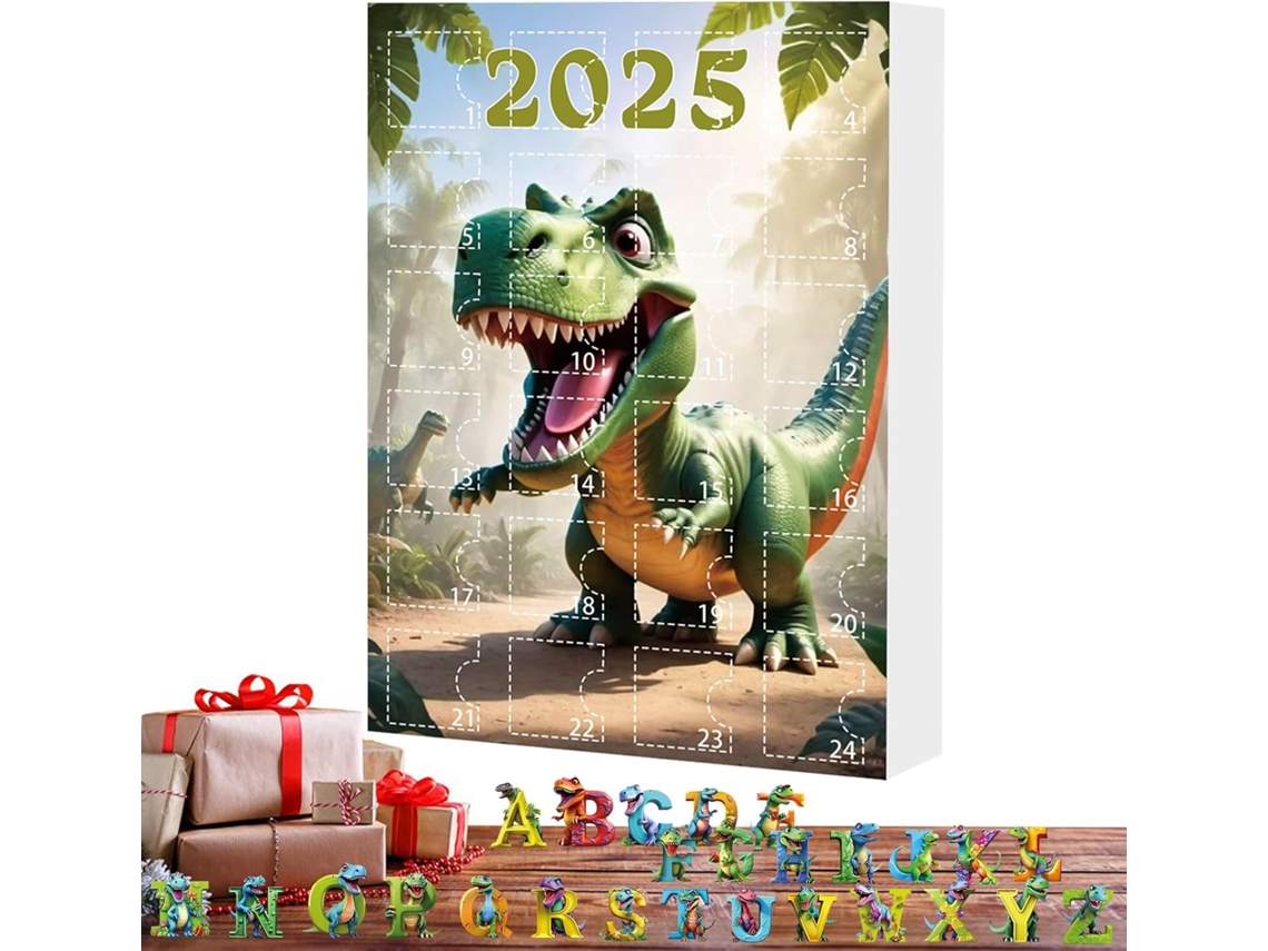Adorno acrílico 2D con temática de dinosaurios y alfabeto, cuenta regresiva para Navidad, calendario 2025