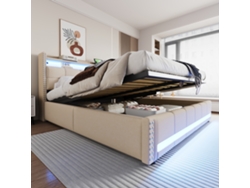 Sofá Cama Tapizado 180x200 Cm Lino, Led, Usb, Almacenamiento Cabecero, Hidráulico, Robusto 300 Kg, Sin Colchón, Beige