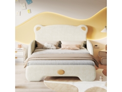 Cama Infantil Tapizada 140x200 Cm En Terciopelo - Cama Con Cajón, Cabecero En Forma De Oso Y Somier De Láminas - Beige