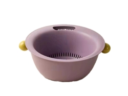 Cesta multifuncional de doble capa para lavar frutas y verduras, con un diseño redondo y elegante en color liso.