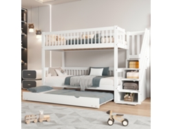 Litera con cama nido, escalera, pasamanos, barandillas de seguridad, pino y MDF, blanca, 90x200/190cm