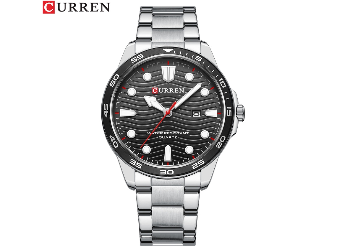 Reloj De Cuarzo Resistente Al Agua (plateado Y Negro) Con Correa De Acero Inoxidable, Reloj De Negocios Para Hombre Con Fecha Y Diseño Ondulado.