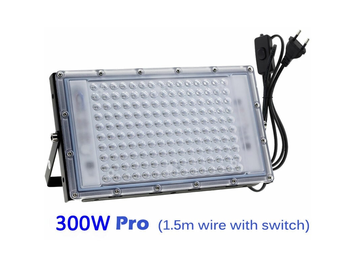 Proyector LED UV de 300 W, diseño ultrafino, resistente al agua IP66, potente para iluminación de seguridad exterior.