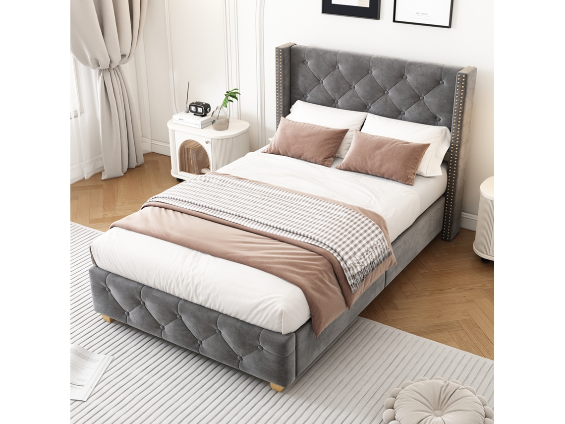 Cama Individual, Gris, 90x200 Cm, Con Botones, Patas De Madera Y Somier De Láminas.