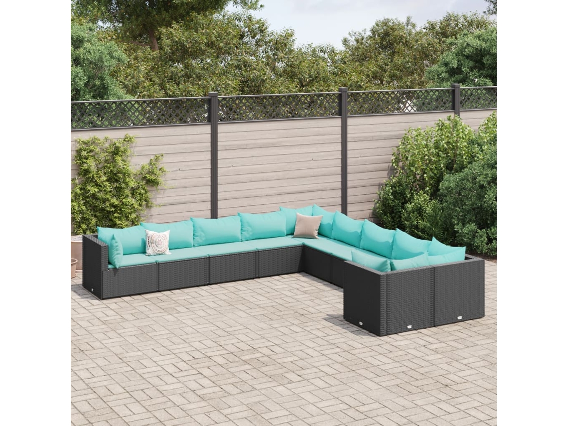 Conjunto de sofá de jardín de 10 piezas con cojines en mimbre sintético negro de DKD Home Decor